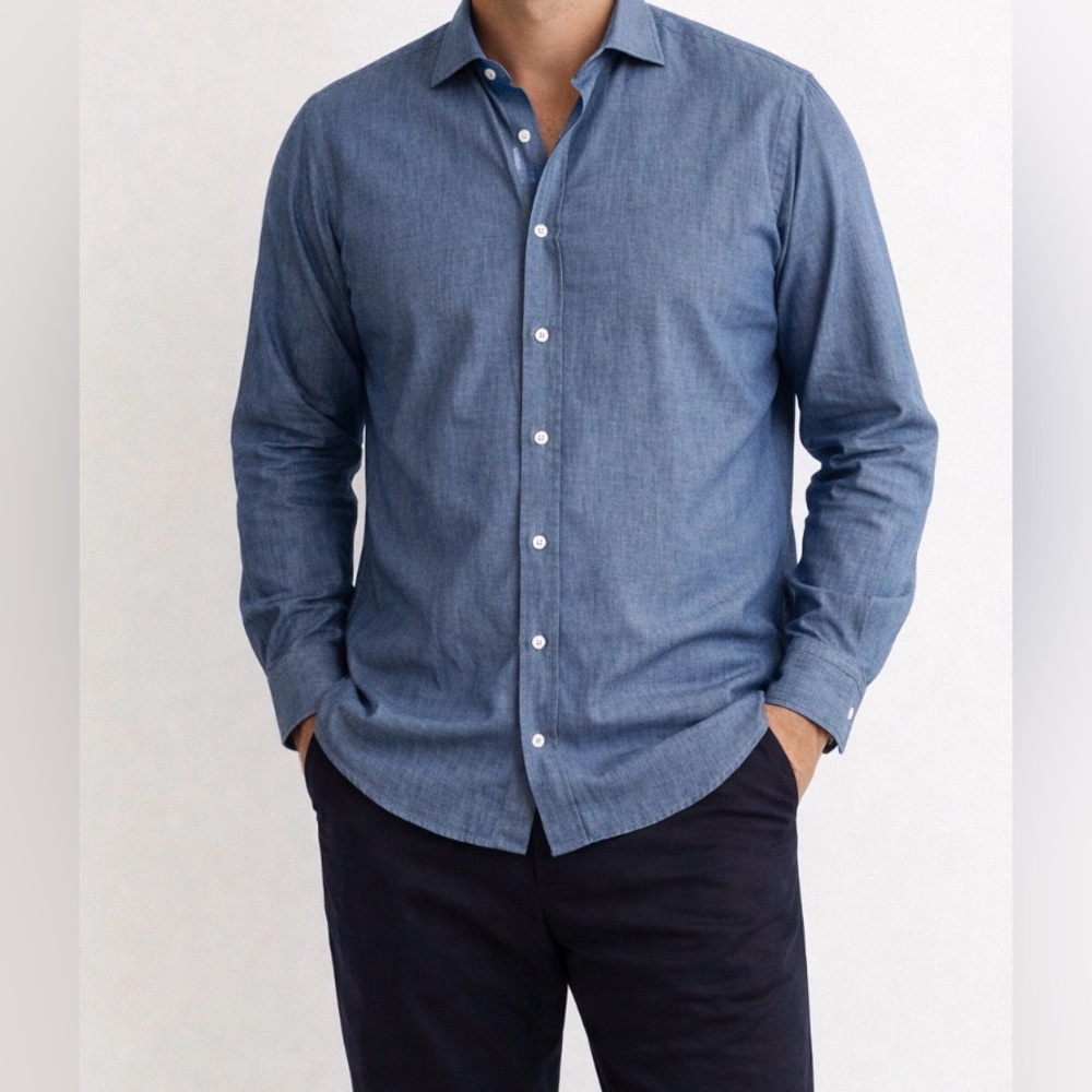 Fedeli Blue Chambray Button Down Shirt Men’s 17.5 44 Italy Cotton Italian